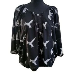 Adorable Black Sheer Blouse with White Birds PRINT Size Medium